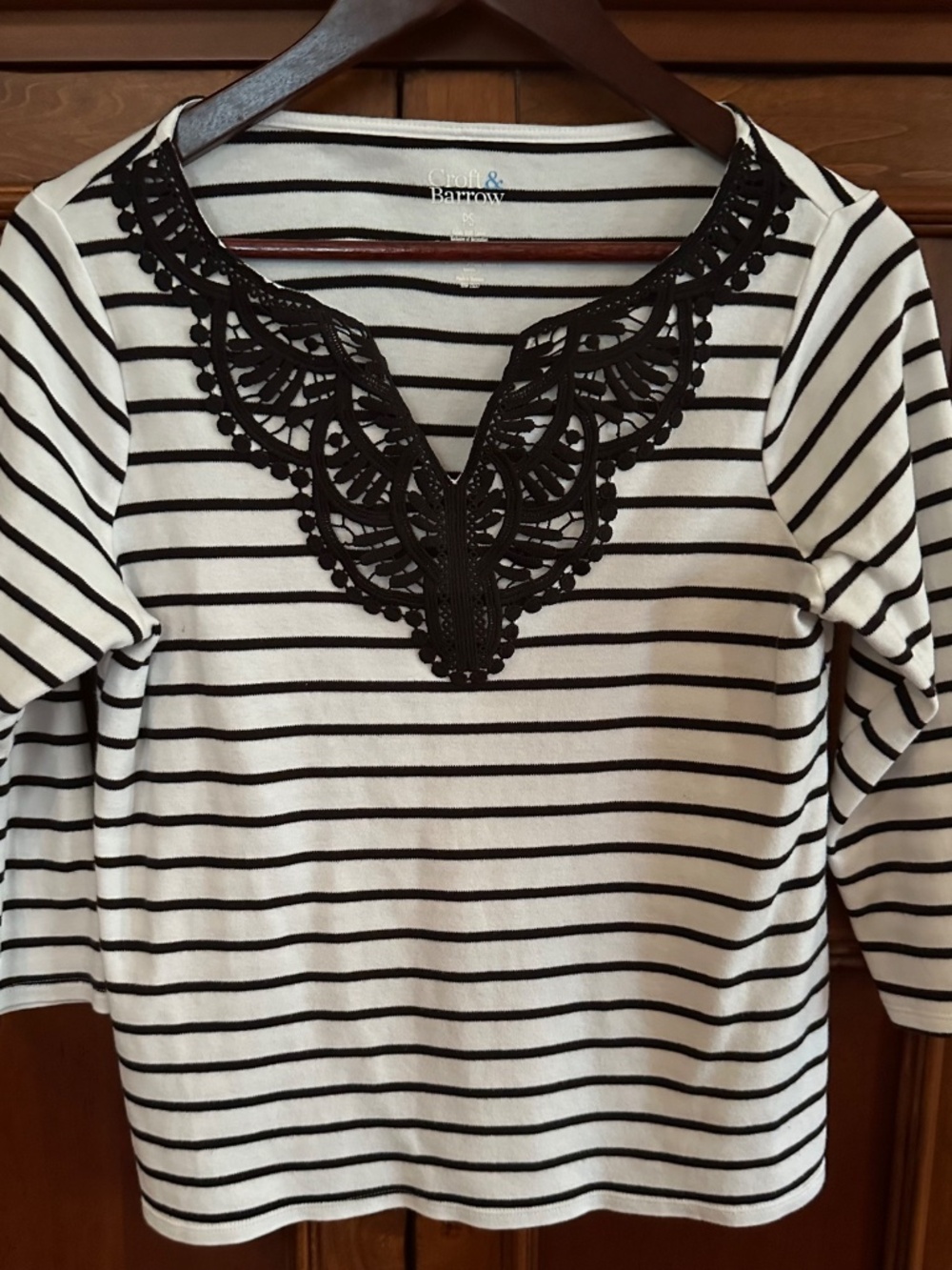 Croft & Barrow Black White Stripe Lace Embroidery 3/4 Sleeve Top PS/M Like New